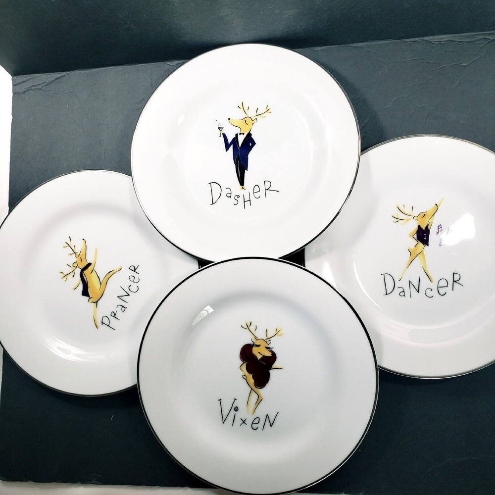 4 Pottery Barn JAPAN Reindeer Salad Dessert Plates Vixen Dancer Dasher P…
